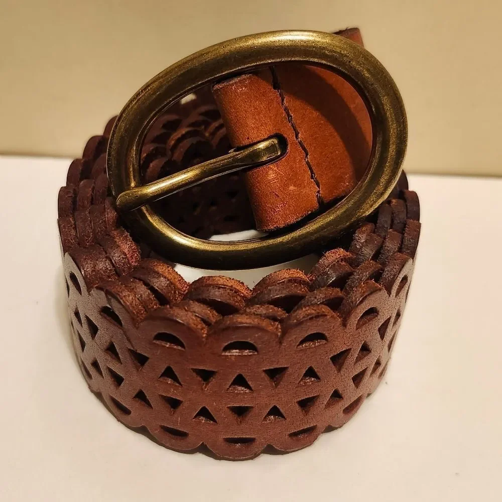 New Lucky Brand Brown Leather Open-weave Belt Sz.S (Adjustable to 38